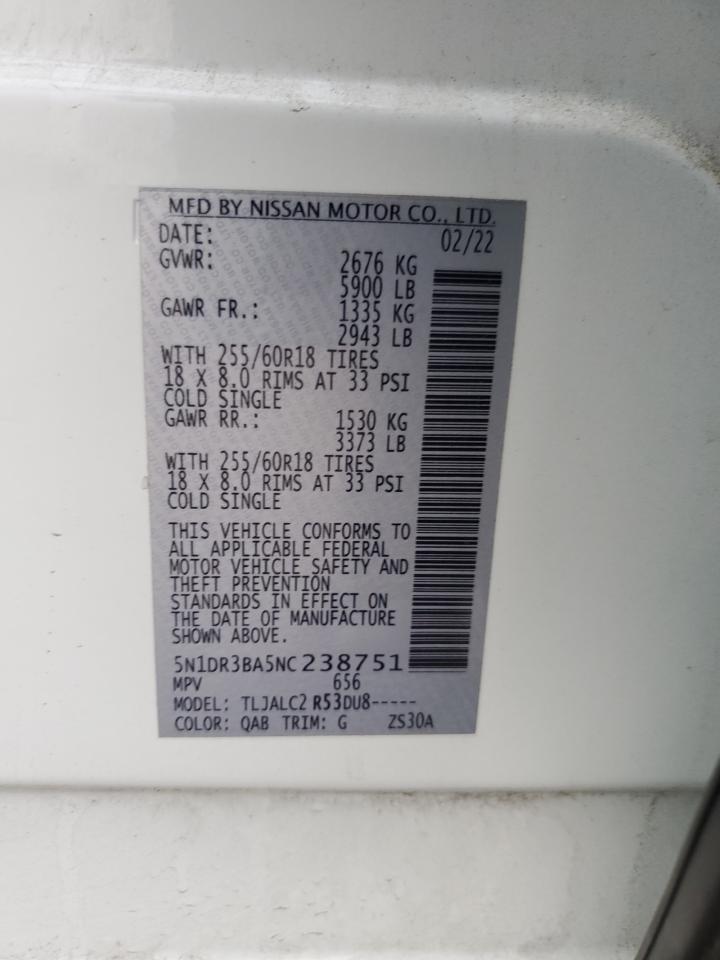 2022 NISSAN PATHFINDER SV VIN:5N1DR3BA5NC238751