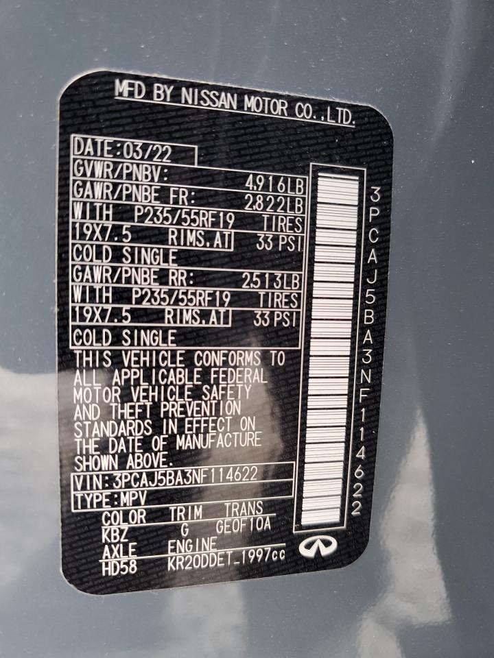 2022 INFINITI QX50 LUXE VIN:3PCAJ5BA3NF114622