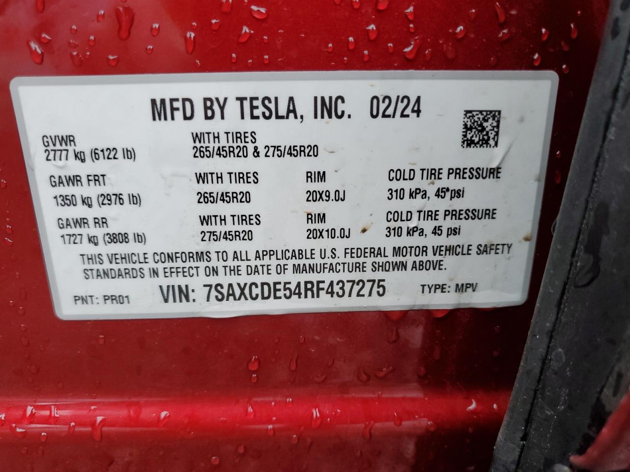 2024 TESLA MODEL X VIN:7SAXCDE54RF437275