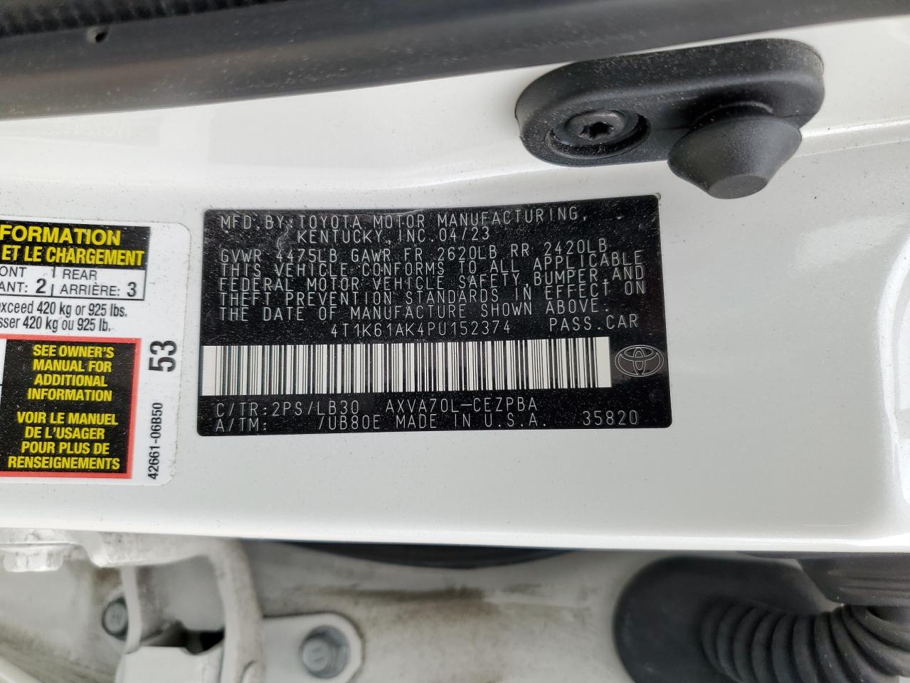 2023 TOYOTA CAMRY XSE VIN:4T1K61AK4PU152374