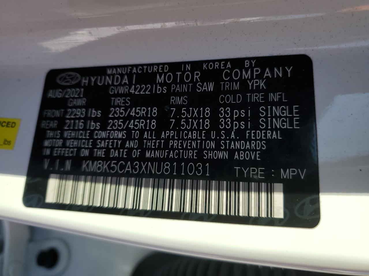 2022 HYUNDAI KONA LIMITED VIN:WBA3C1C57DK104817
