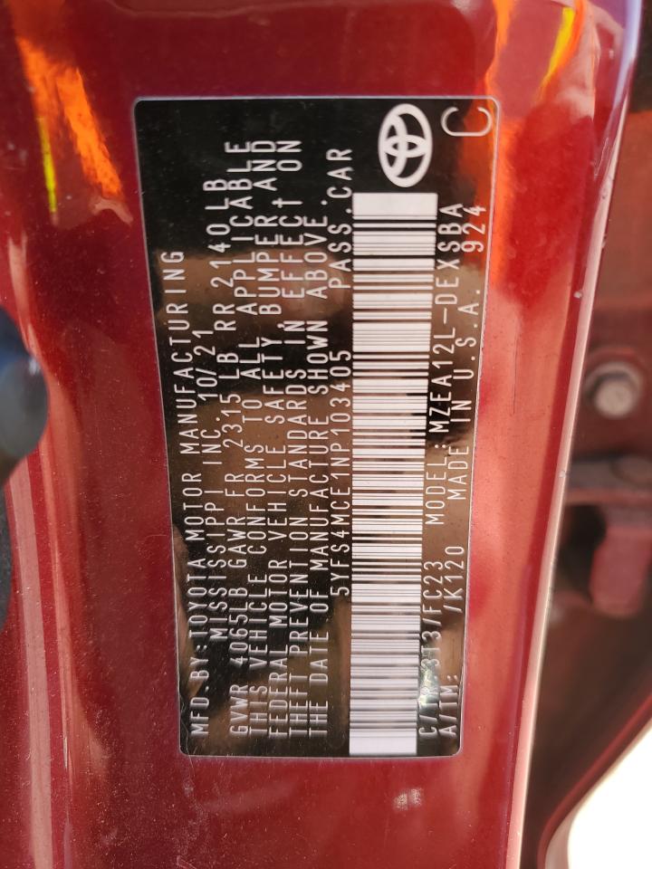 2022 TOYOTA COROLLA SE VIN:5YFS4MCE1NP103405