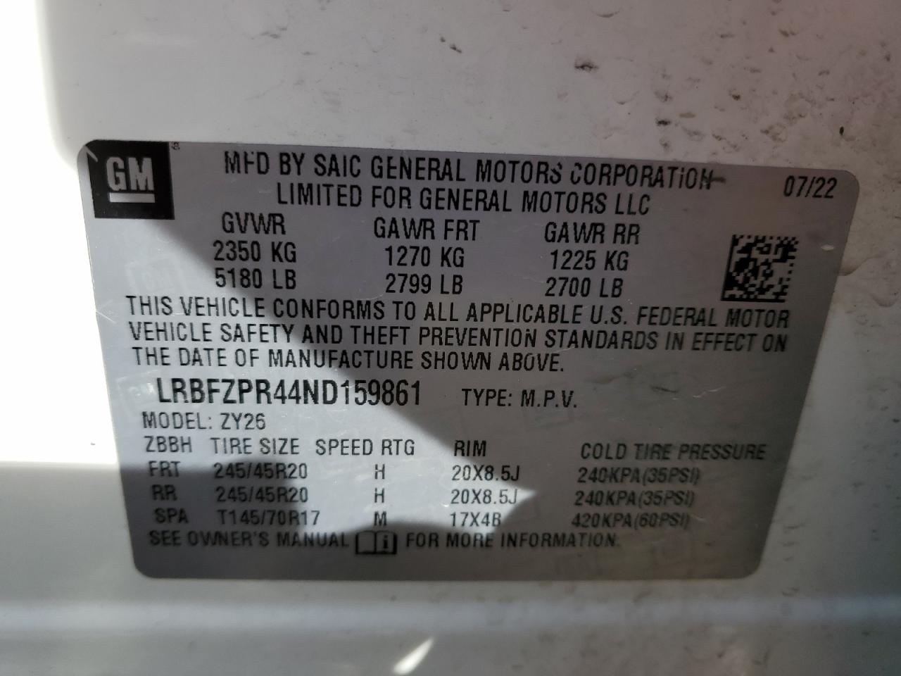2022 BUICK ENVISION ESSENCE VIN:LRBFZPR44ND159861