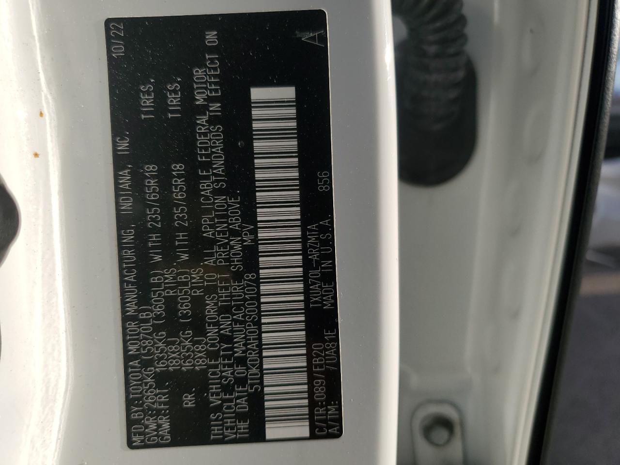 2023 TOYOTA HIGHLANDER L VIN:5TDKDRAH0PS001078