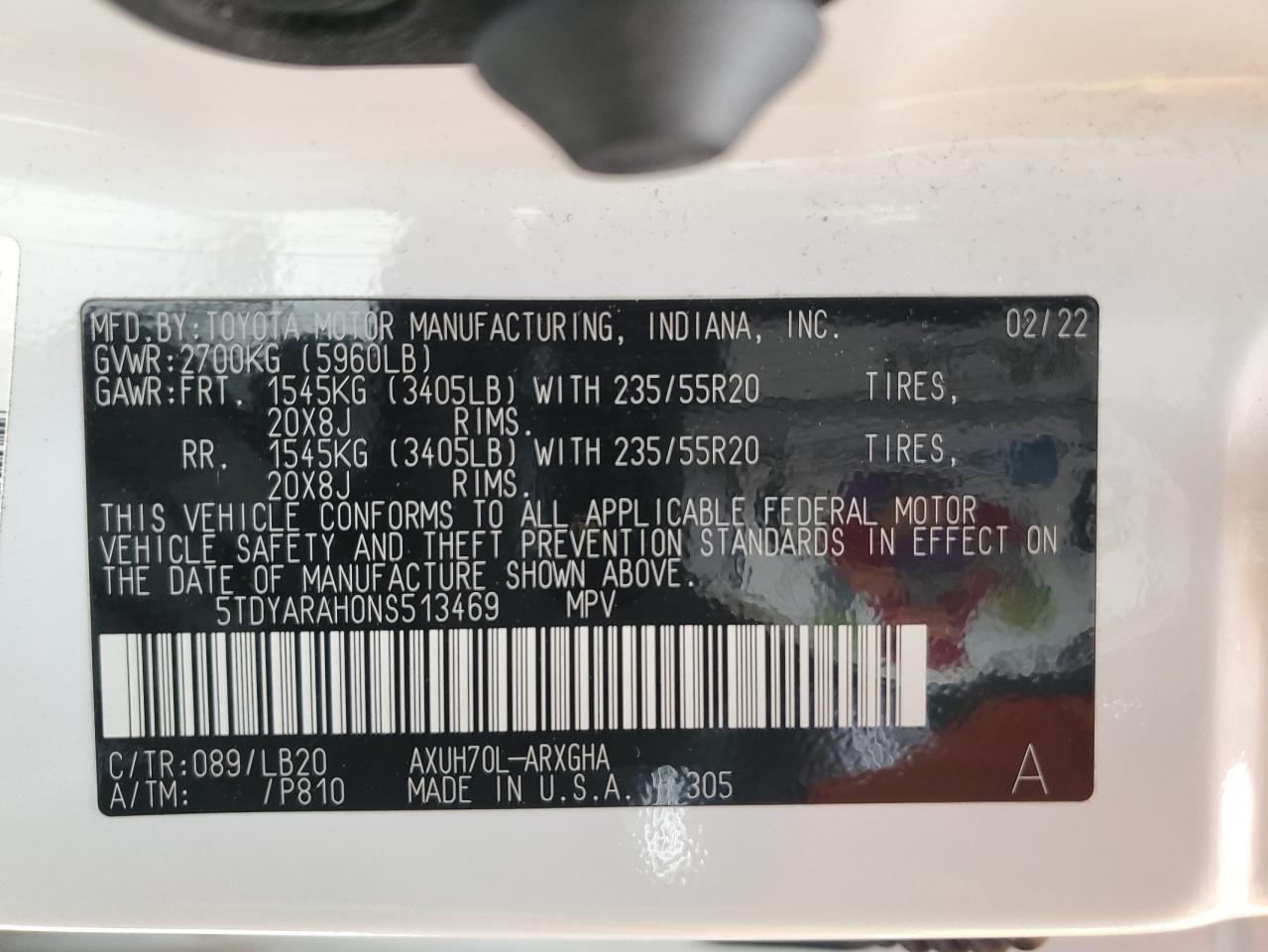 2022 TOYOTA HIGHLANDER HYBRID LIMITED VIN:5TDYARAH0NS513469