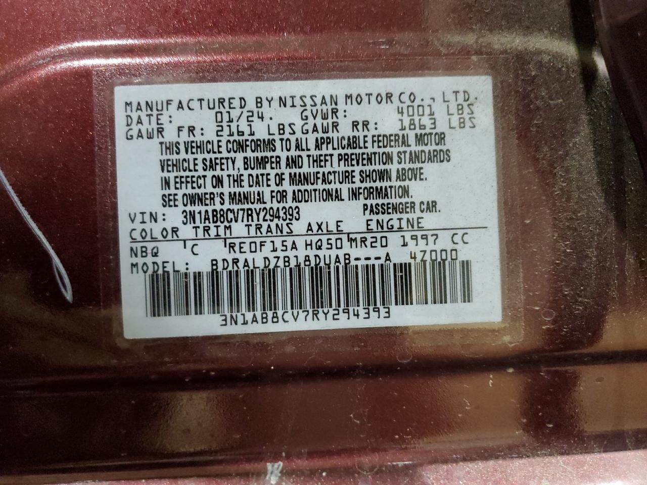 2024 NISSAN SENTRA SV VIN:3N1AB8CV7RY294393