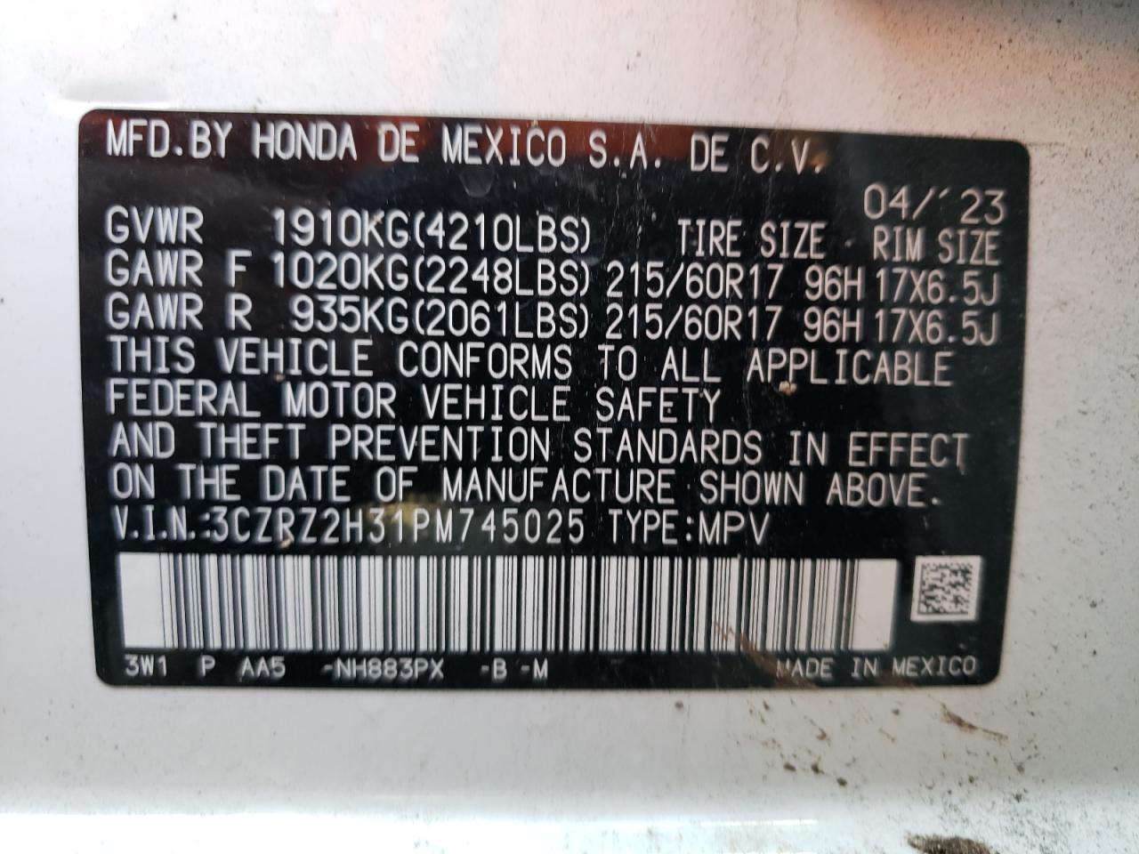 2023 HONDA HR-V LX VIN:3CZRZ2H31PM745025