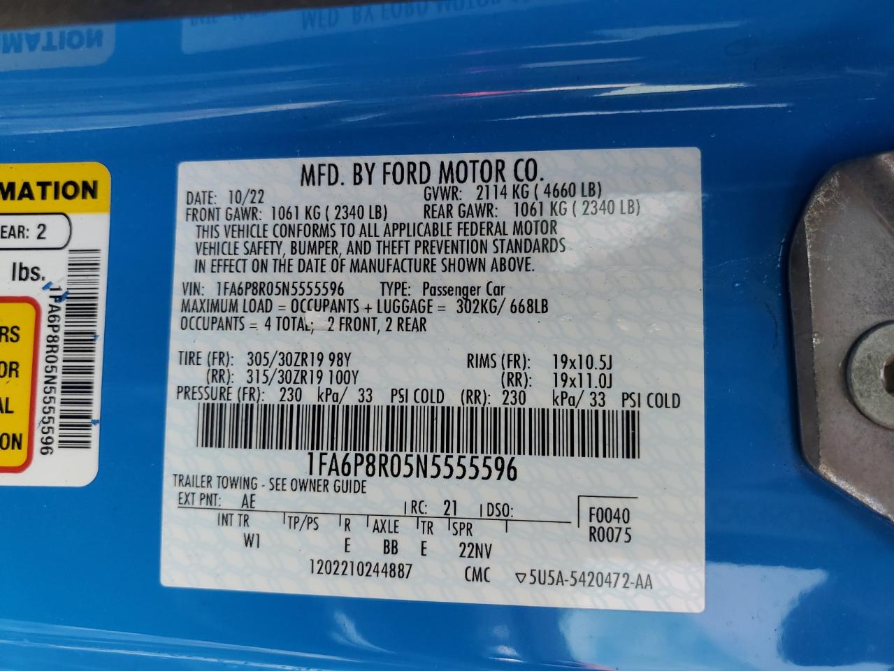 2022 FORD MUSTANG MACH I VIN:1FA6P8R05N5555596