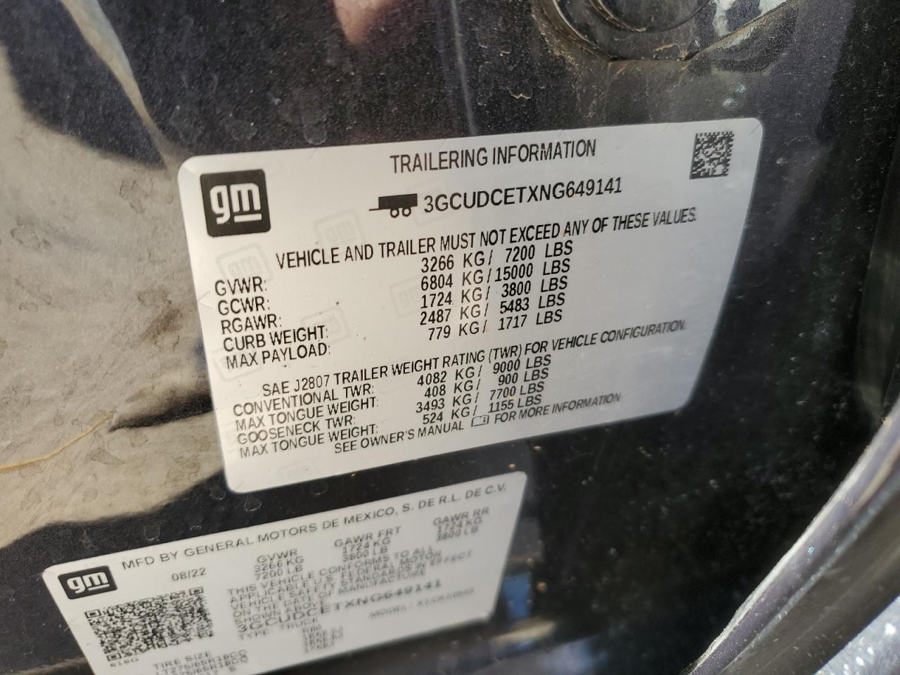 2022 CHEVROLET SILVERADO K1500 TRAIL BOSS CUSTOM VIN:3GCUDCETXNG649141