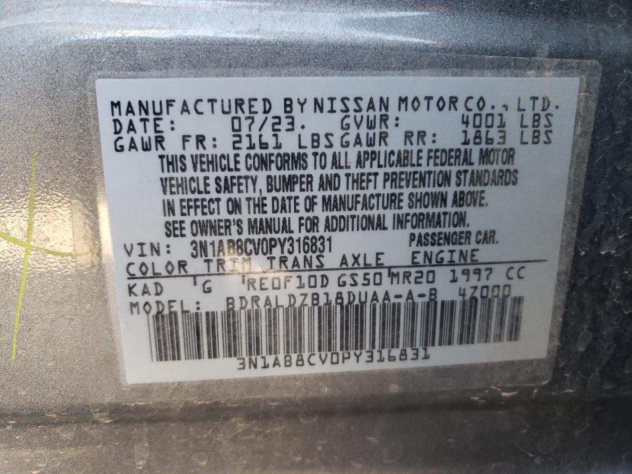 2023 NISSAN SENTRA SV VIN:3N1AB8CV0PY316831