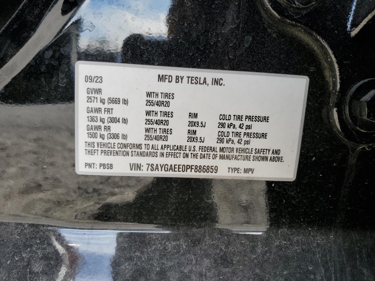 2023 TESLA MODEL Y VIN:7SAYGAEE0PF886859