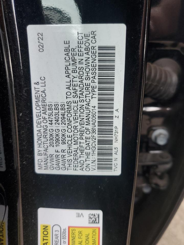 2022 HONDA ACCORD SPORT VIN:1HGCV2F38NA006014