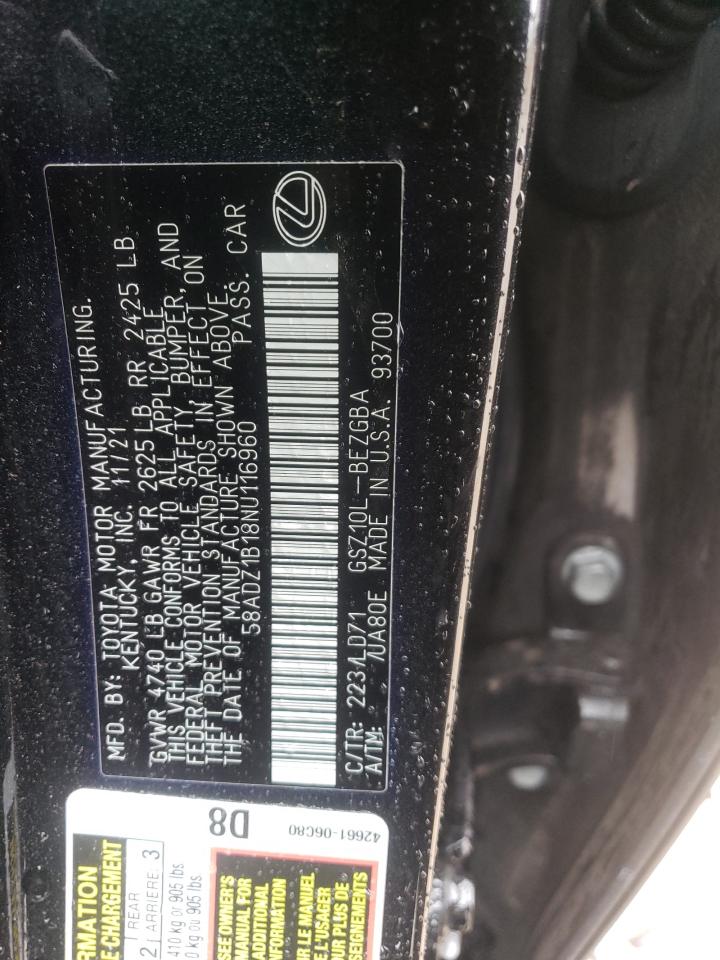2022 LEXUS ES 350 BASE VIN:58ADZ1B18NU116960