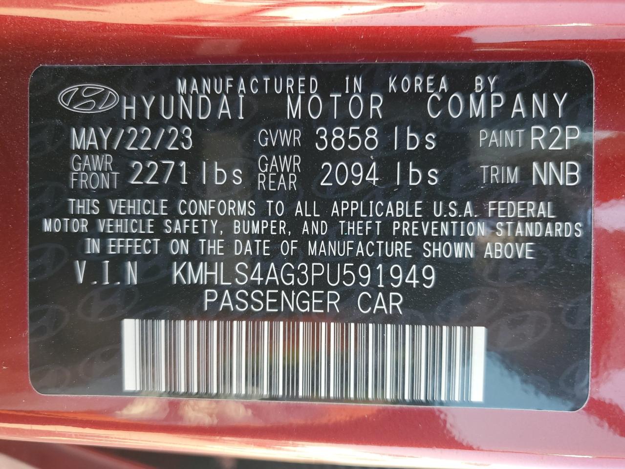 2023 HYUNDAI ELANTRA SEL VIN:KMHLS4AG3PU591949
