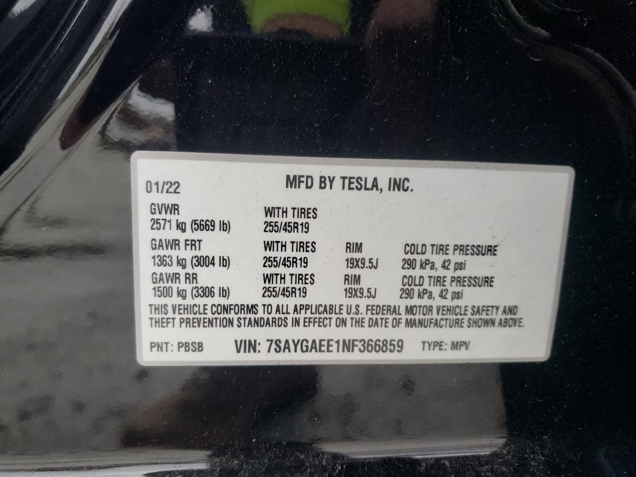 2022 TESLA MODEL Y VIN:7SAYGAEE1NF366859