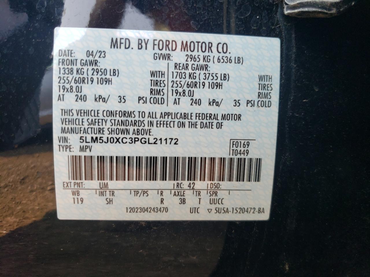 2023 LINCOLN AVIATOR VIN:5LM5J0XC3PGL21172