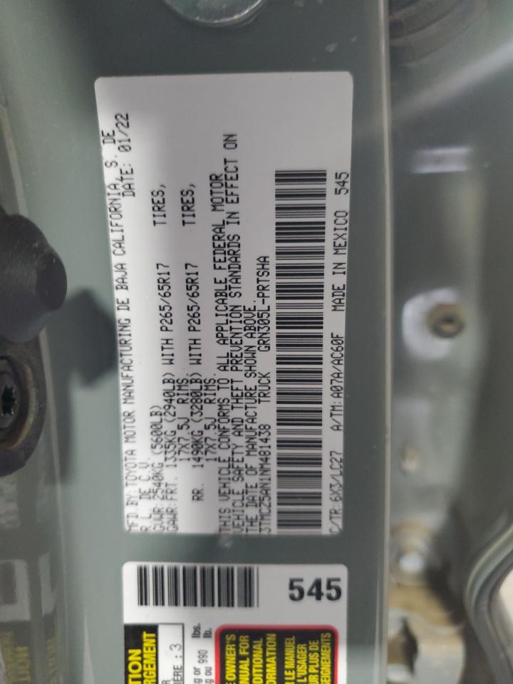 2022 TOYOTA TACOMA DOUBLE CAB VIN:3TMCZ5AN1NM481438