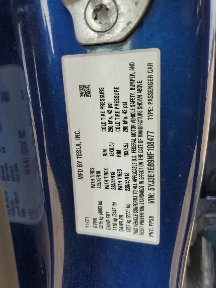 2022 TESLA MODEL 3 VIN:5YJ3E1EB9NF108477