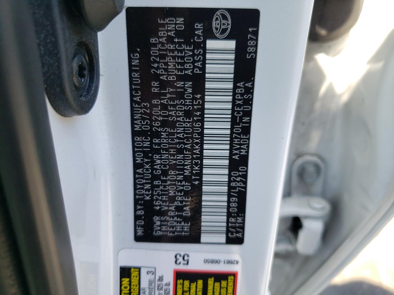 2023 TOYOTA CAMRY XSE VIN:4T1K31AKXPU614154