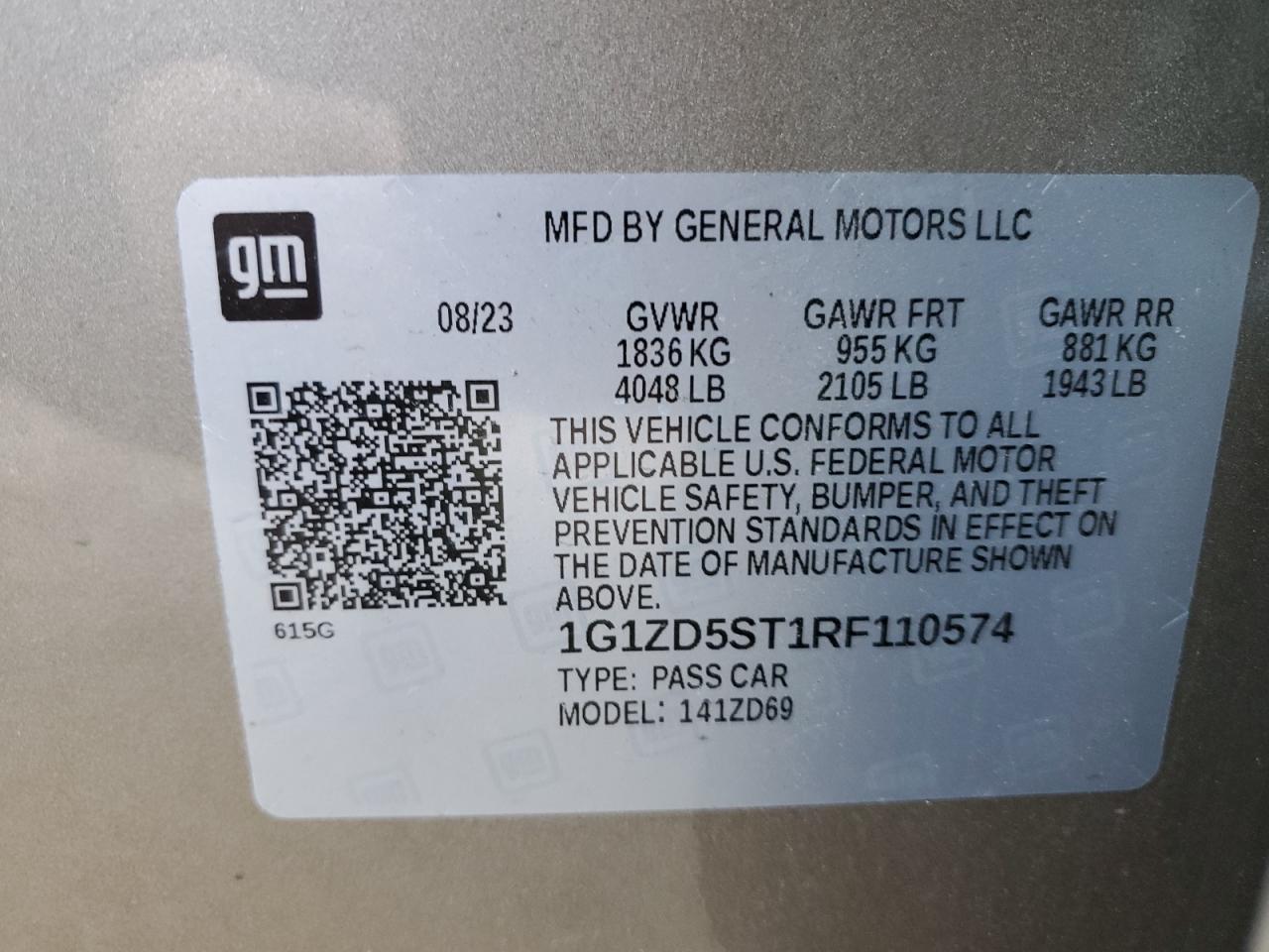 2024 CHEVROLET MALIBU LT VIN:1G1ZD5ST1RF110574