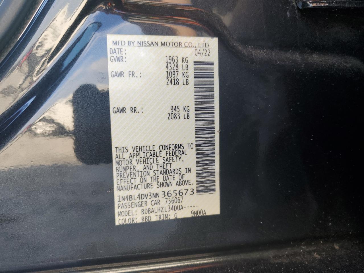 2022 NISSAN ALTIMA SV VIN:1N4BL4DV3NN365673