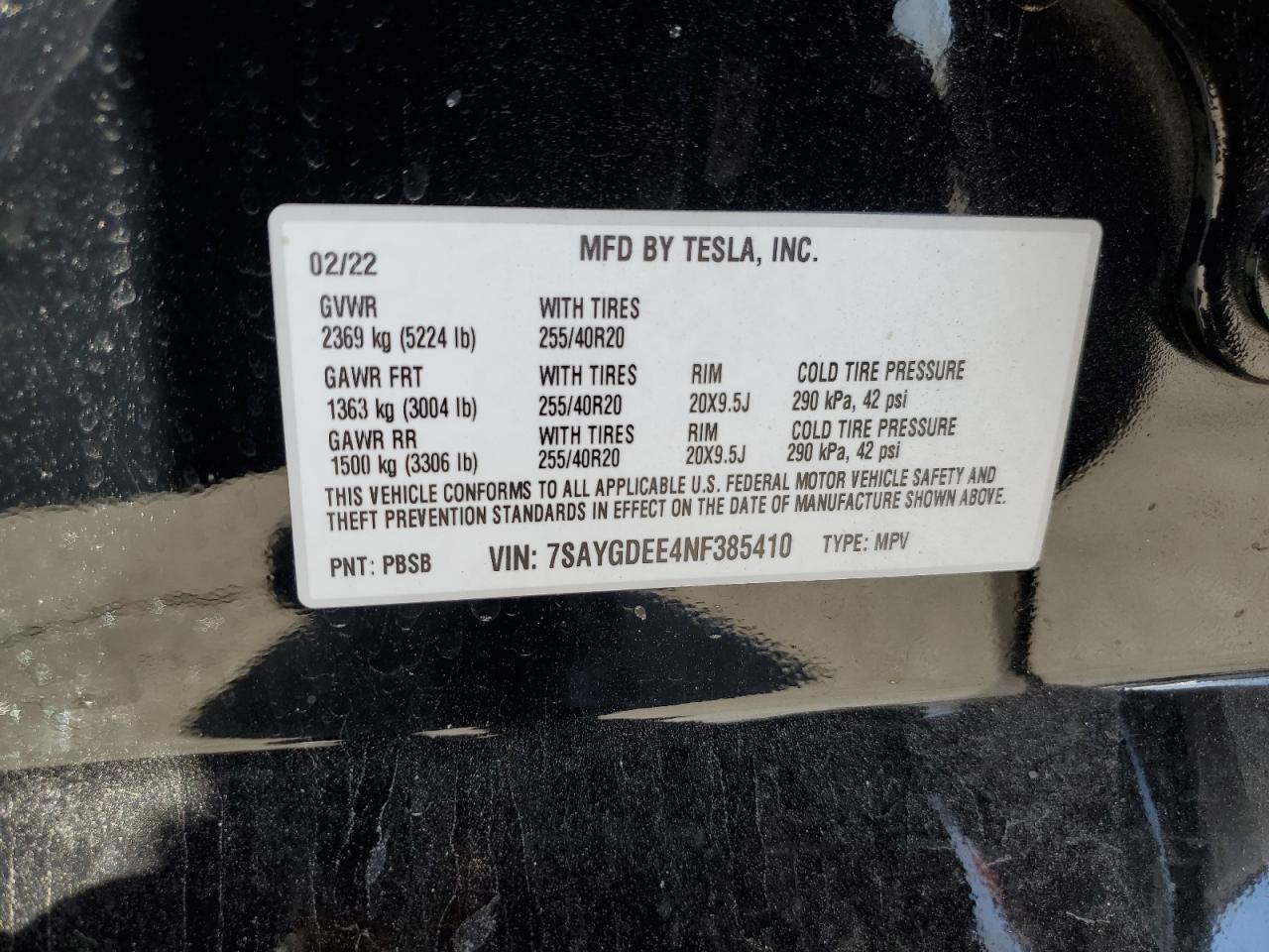 2022 TESLA MODEL Y VIN:7SAYGDEE4NF385410