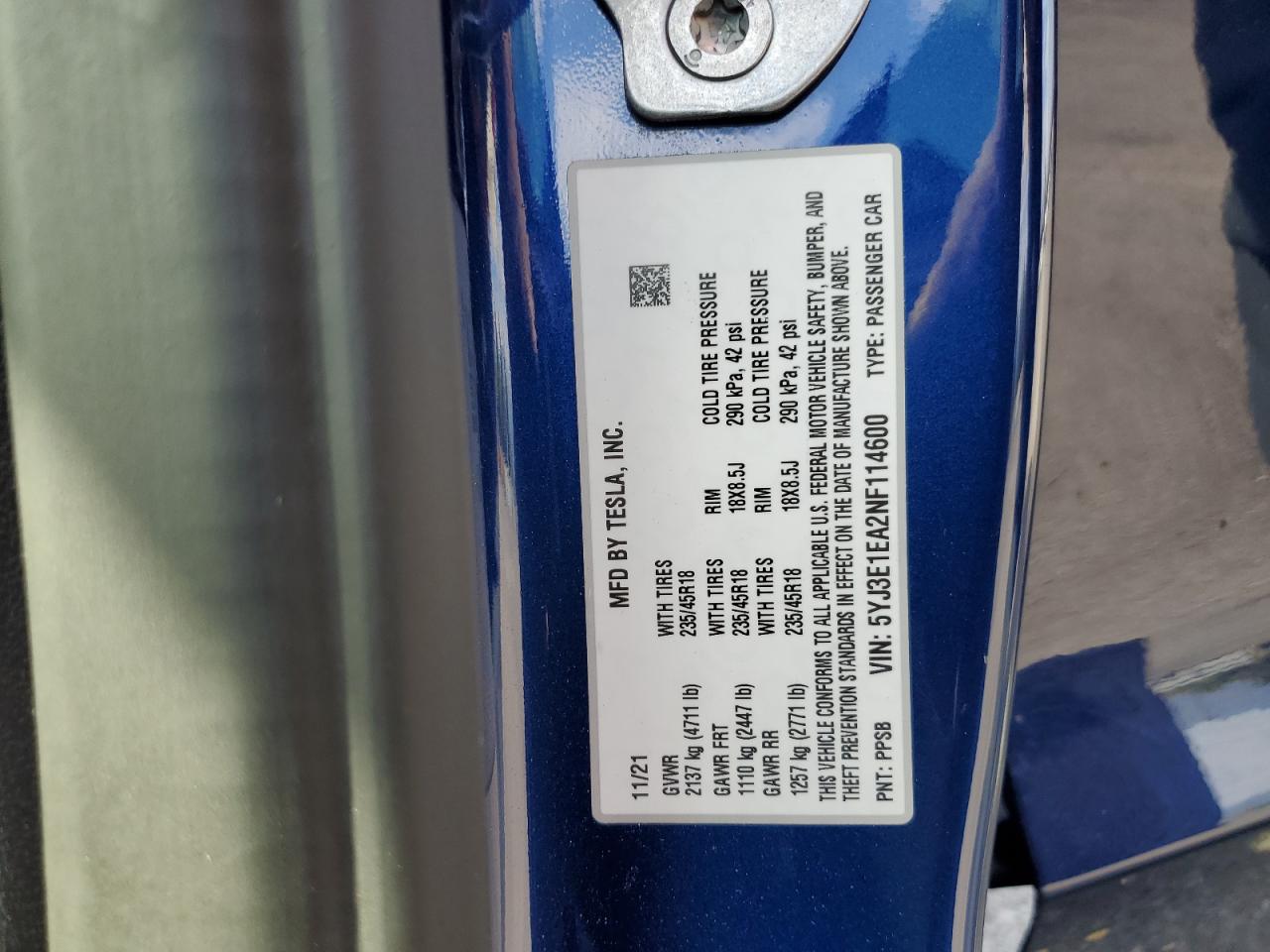 2022 TESLA MODEL 3 VIN:5YJ3E1EA2NF114600
