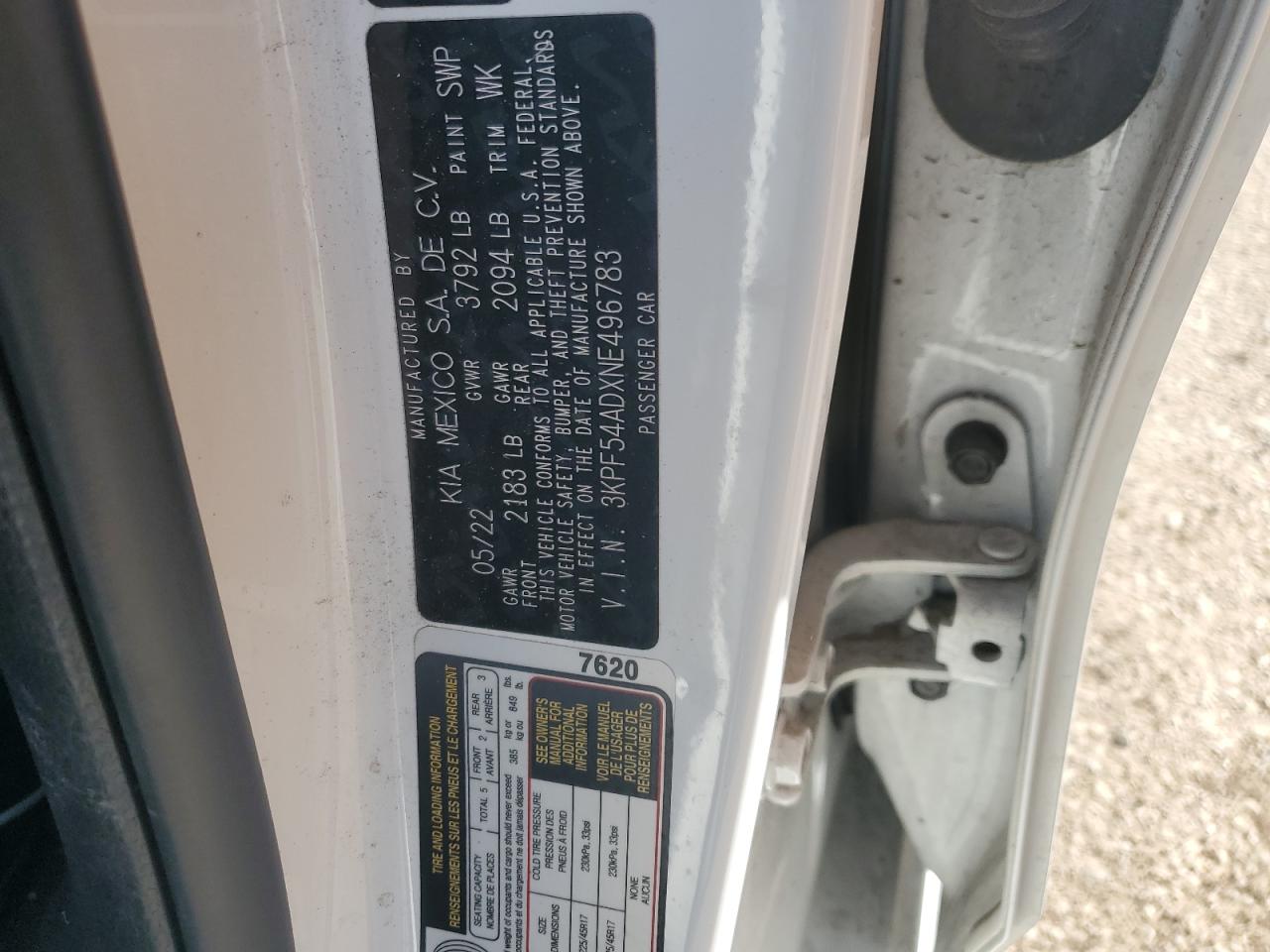 2022 KIA FORTE GT LINE VIN:3KPF54ADXNE496783