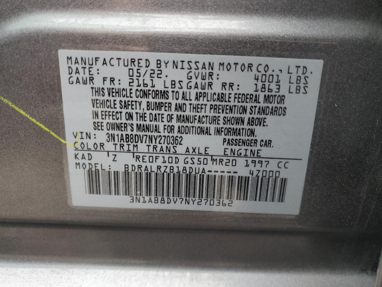 2022 NISSAN SENTRA SR VIN:3N1AB8DV7NY270362