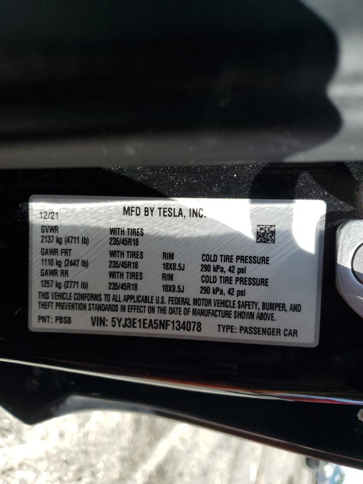 2022 TESLA MODEL 3 VIN:5YJ3E1EA5NF134078