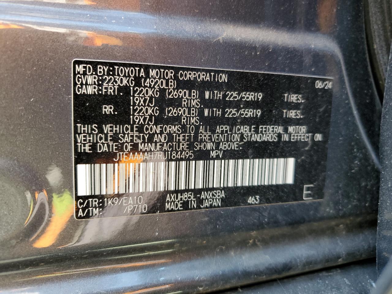 2024 TOYOTA VENZA LE VIN:JTEAAAAH7RJ184495