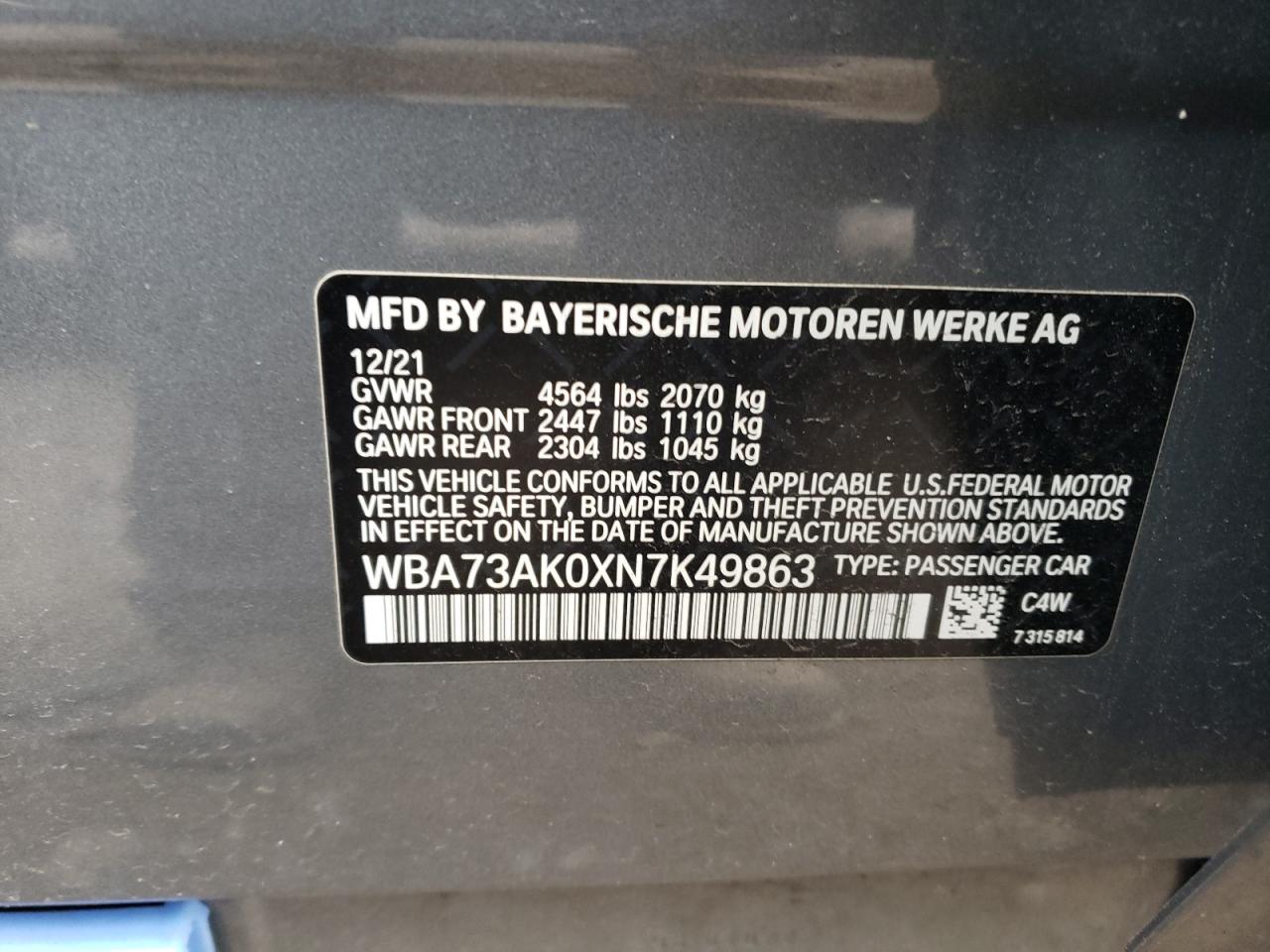 2022 BMW 228XI  VIN:WBA73AK0XN7K49863