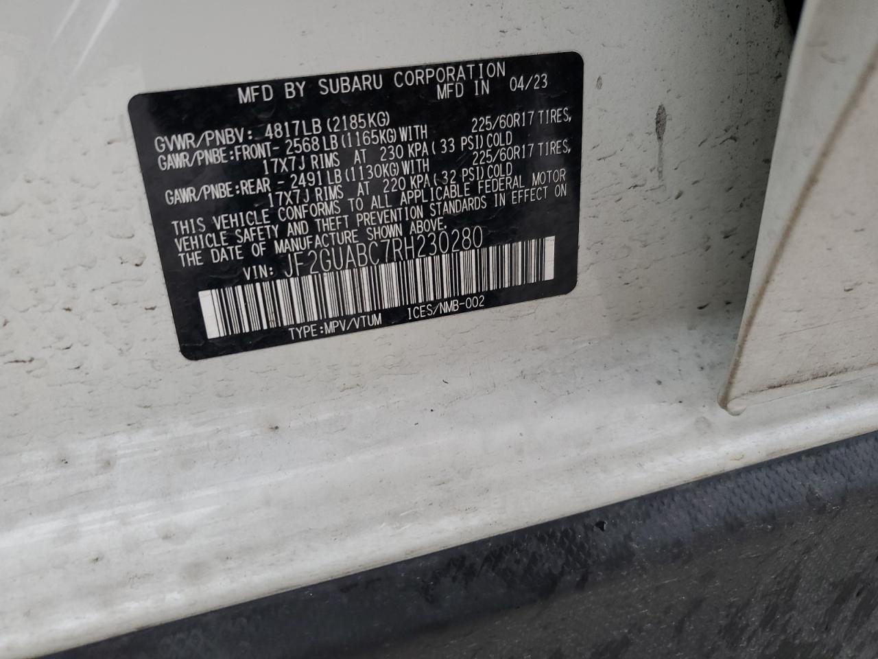 2024 SUBARU CROSSTREK VIN:JF2GUABC7RH230280