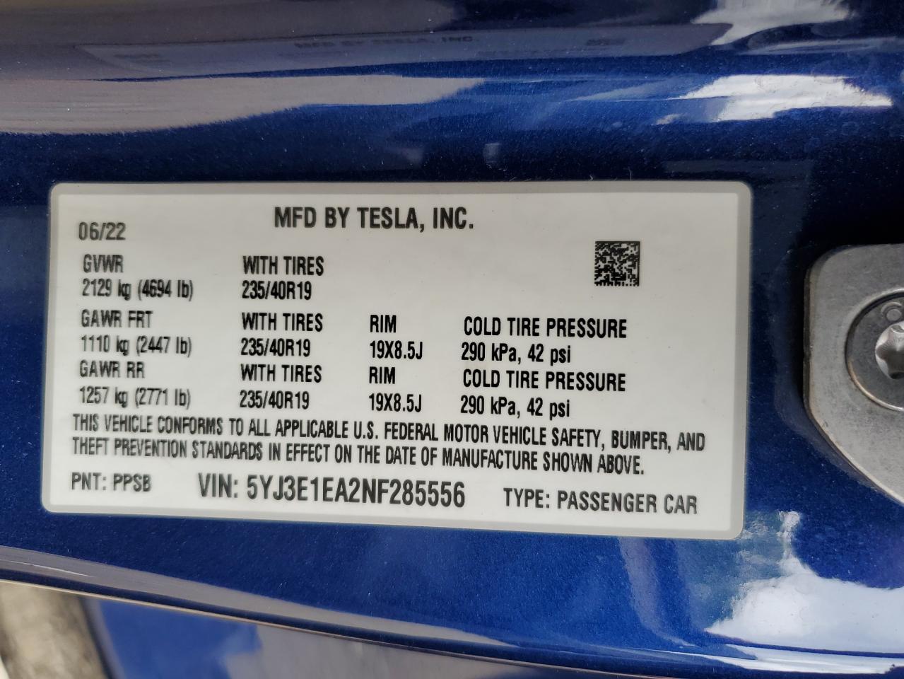 2022 TESLA MODEL 3 VIN:5YJ3E1EA2NF285556