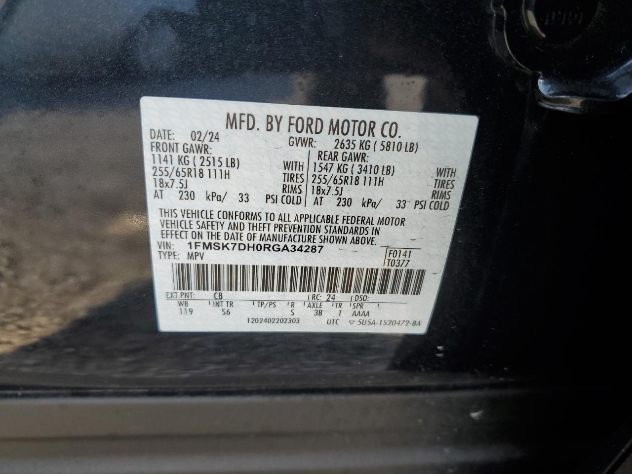 2024 FORD EXPLORER XLT VIN:1FMSK7DH0RGA34287