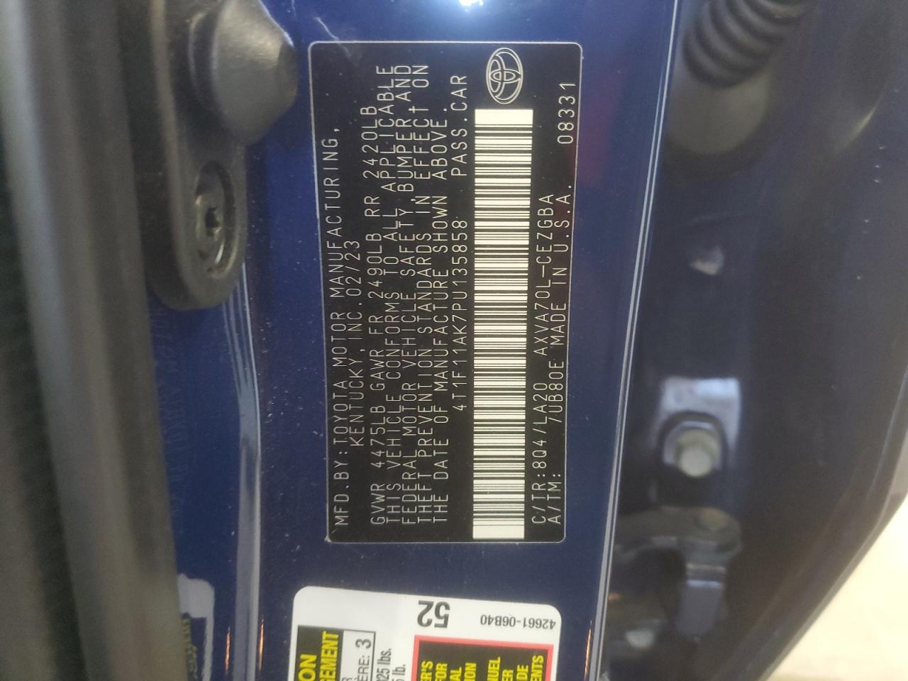 2023 TOYOTA CAMRY XLE VIN:4T1F11AK7PU135858