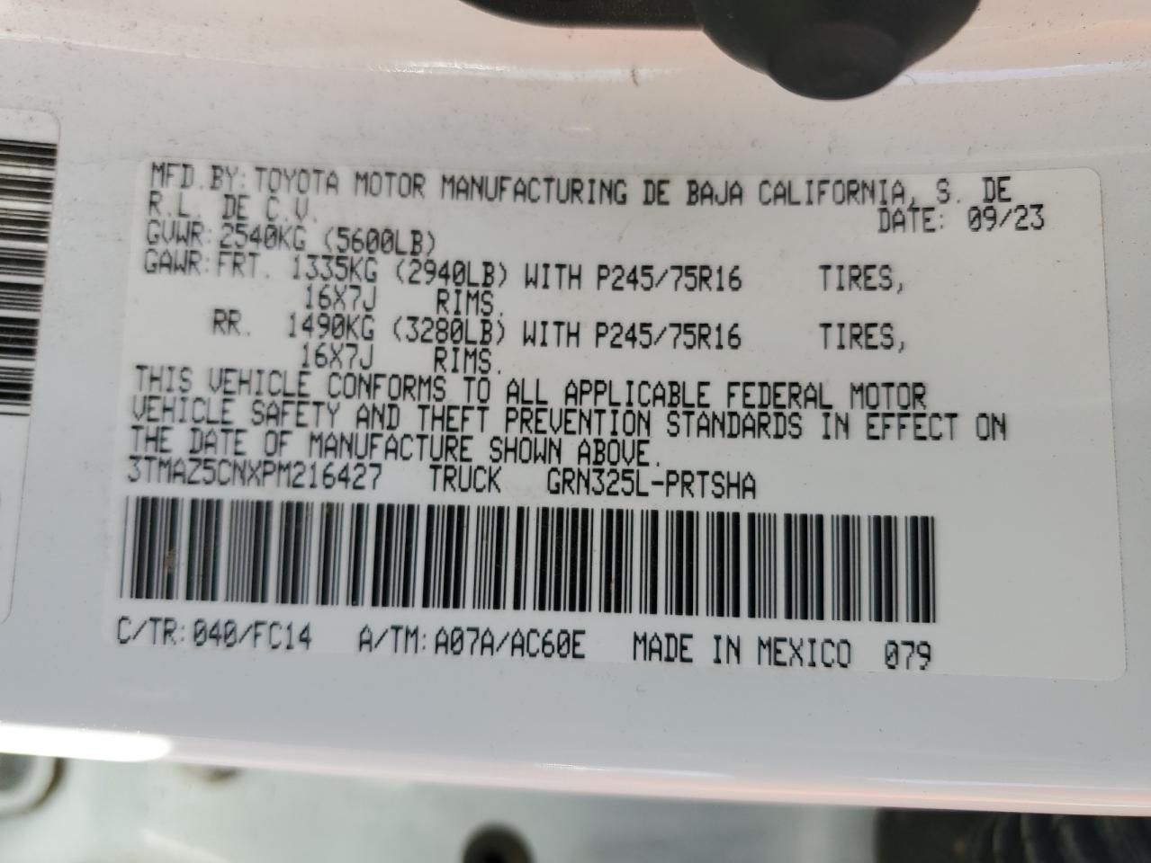 2023 TOYOTA TACOMA DOUBLE CAB VIN:3TMAZ5CNXPM216427