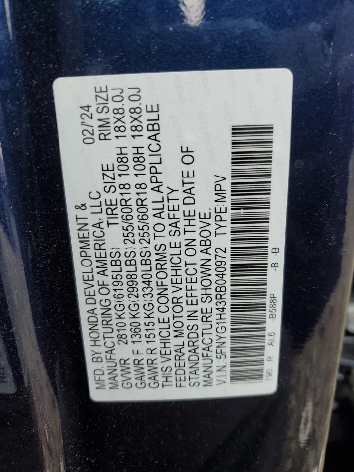 2024 HONDA PILOT EXL VIN:5FNYG1H43RB040972