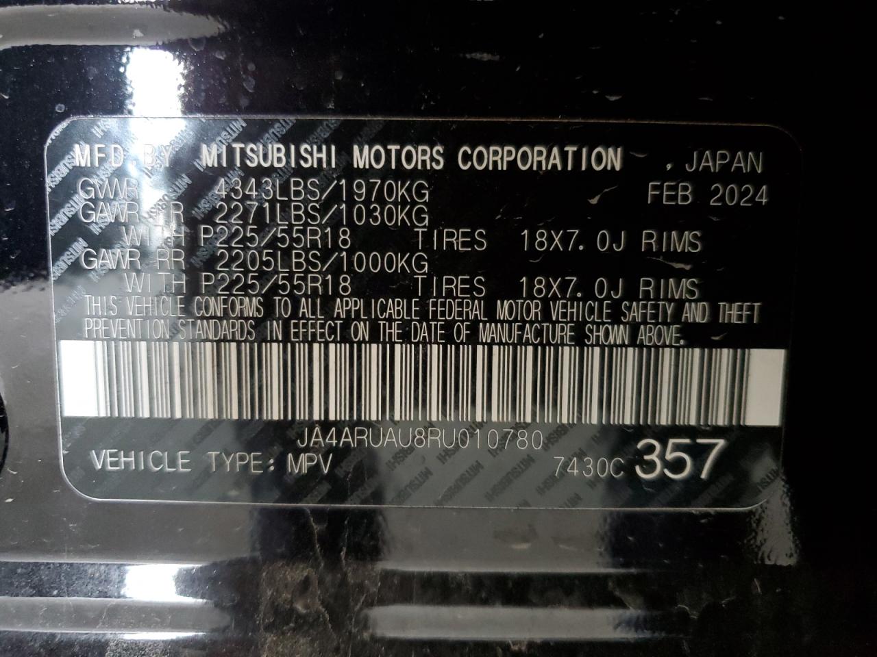 2024 MITSUBISHI OUTLANDER SPORT S/SE VIN:JA4ARUAU8RU010780