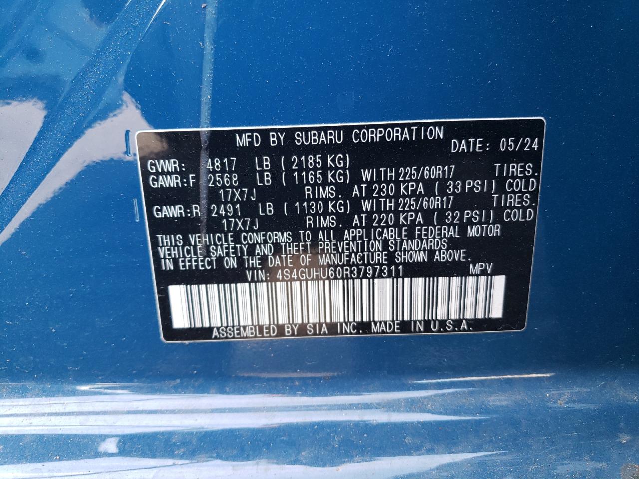 2024 SUBARU CROSSTREK WILDERNESS VIN:4S4GUHU60R3797311