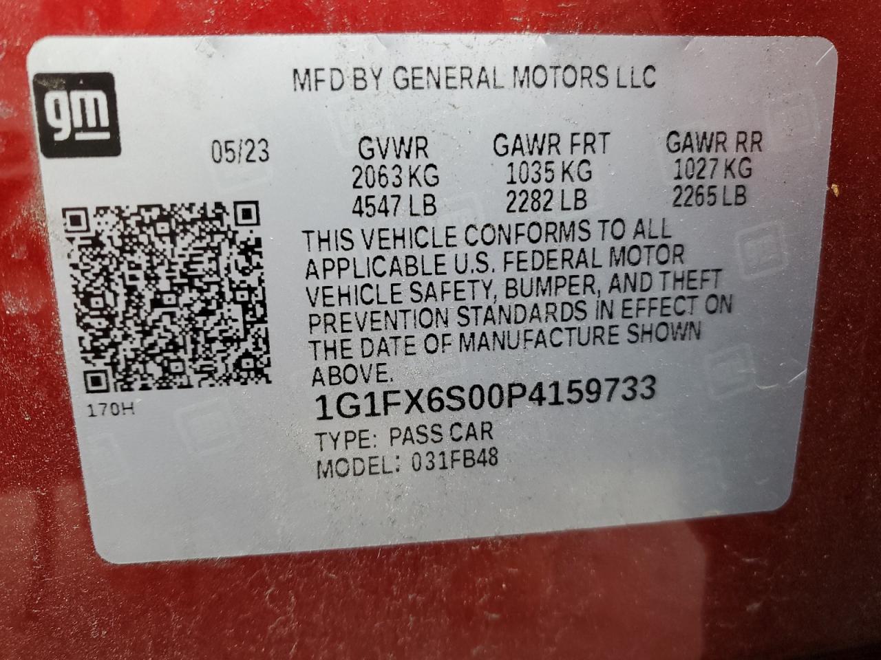 2023 CHEVROLET BOLT EV 2LT VIN:1G1FX6S00P4159733