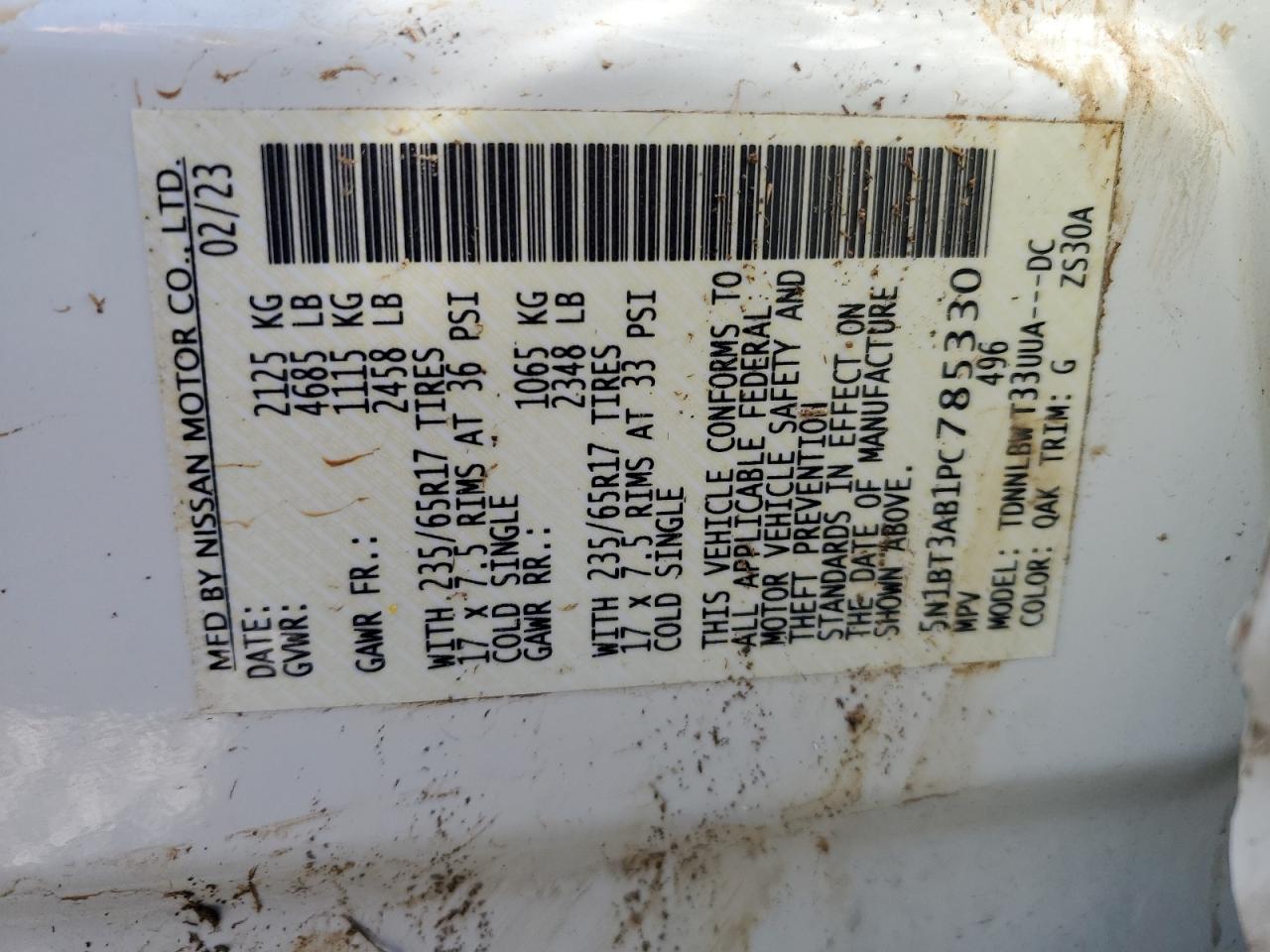 2023 NISSAN ROGUE S VIN:5N1BT3AB1PC785330