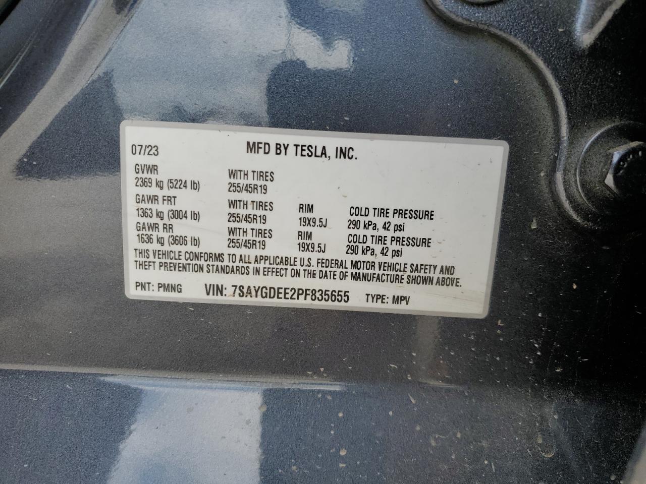 2023 TESLA MODEL Y VIN:7SAYGDEE2PF835655