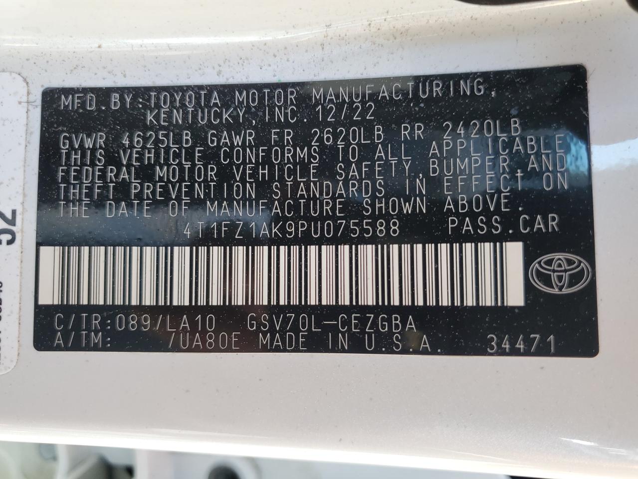 2023 TOYOTA CAMRY XLE VIN:4T1FZ1AK9PU075588