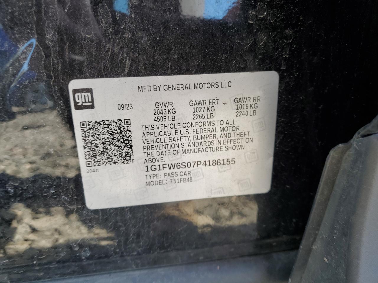 2023 CHEVROLET BOLT EV 1LT VIN:1G1FW6S07P4186155