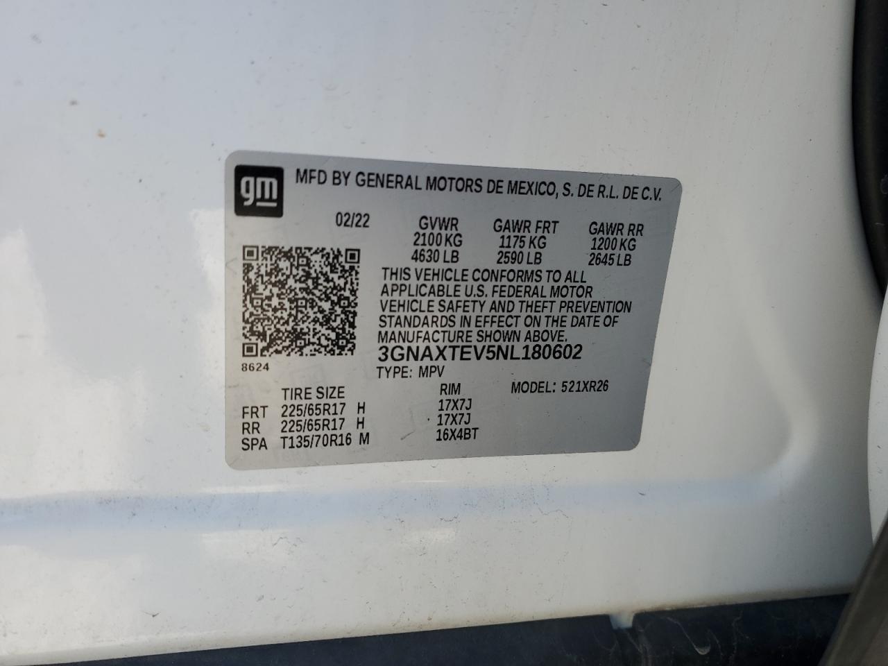 2022 CHEVROLET EQUINOX LT VIN:3GNAXTEV5NL180602