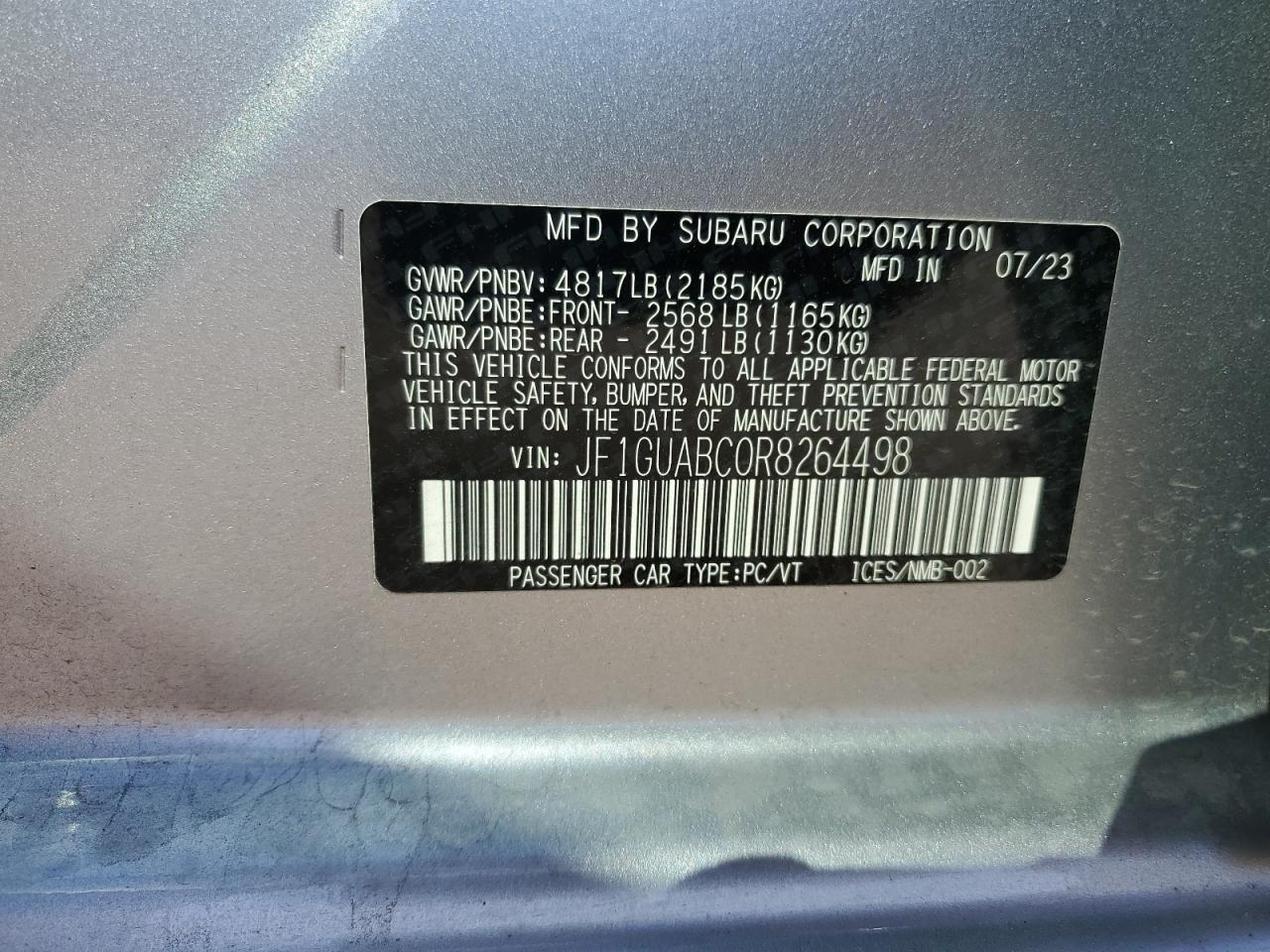 2024 SUBARU IMPREZA VIN:JF1GUABC0R8264498