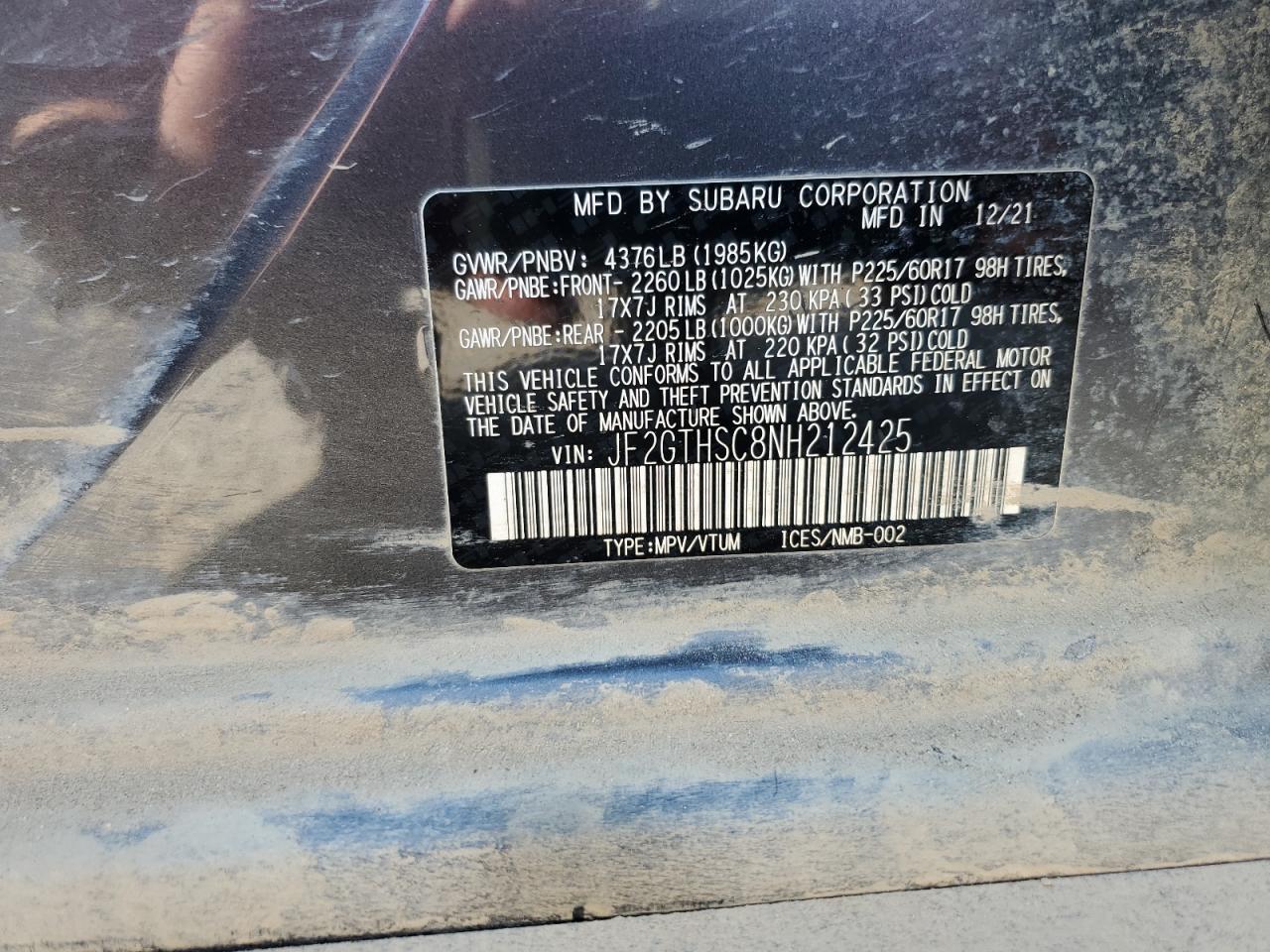 2022 SUBARU CROSSTREK SPORT VIN:JF2GTHSC8NH212425