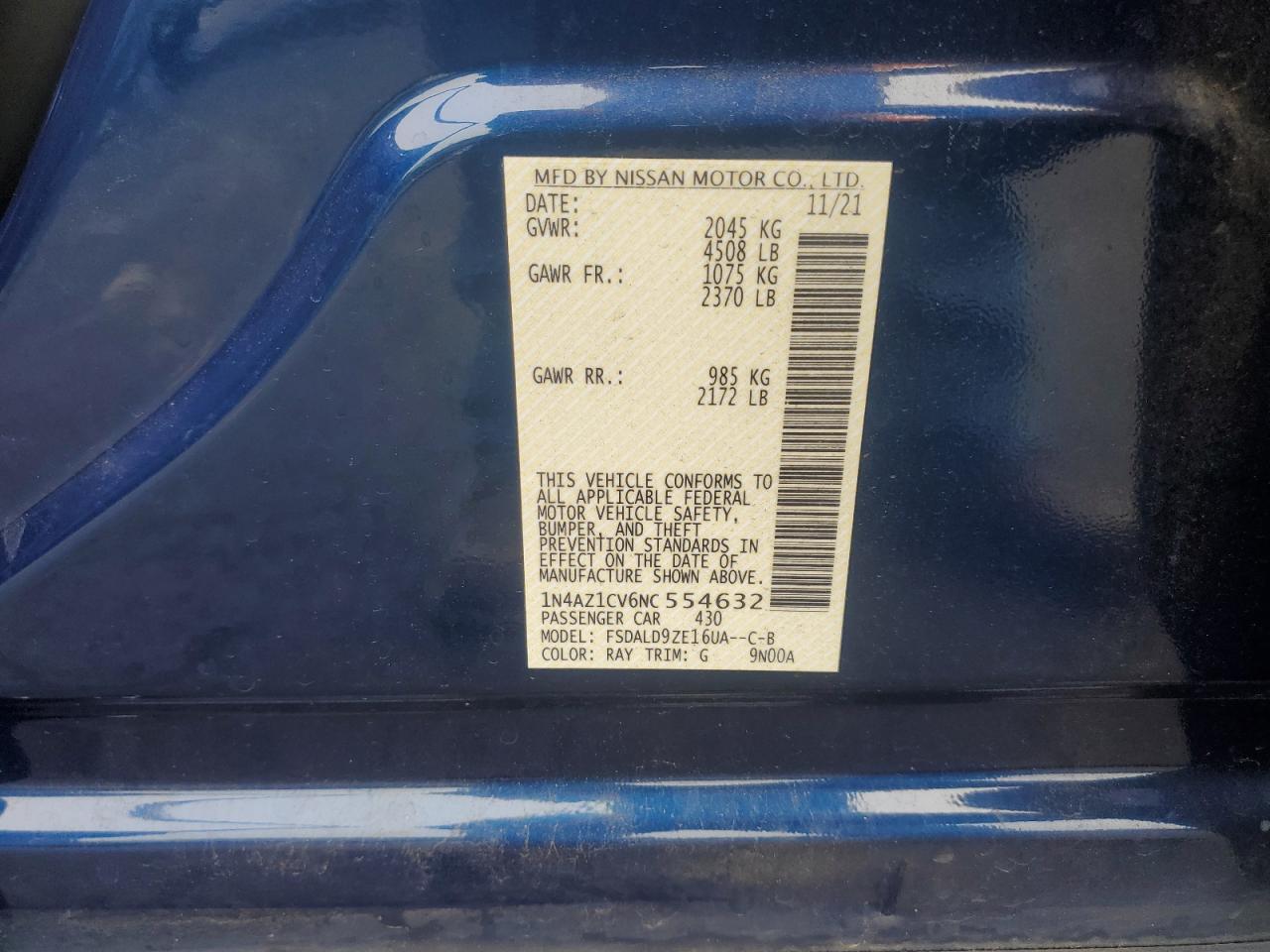 2022 NISSAN LEAF SV VIN:1N4AZ1CV6NC554632