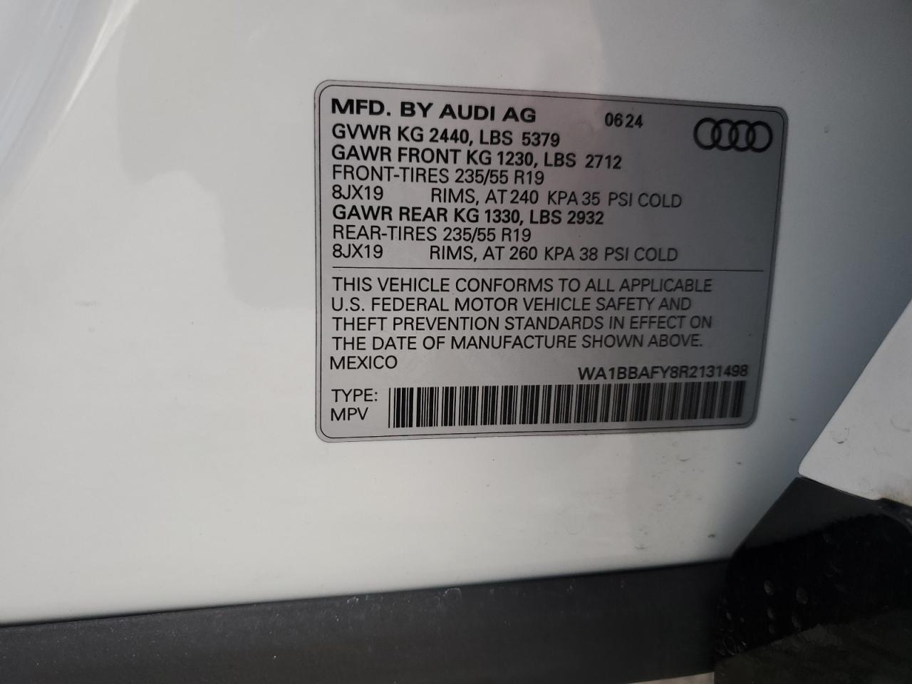 2024 AUDI Q5 PREMIUM PLUS 40 VIN:WA1BBAFY8R2131498